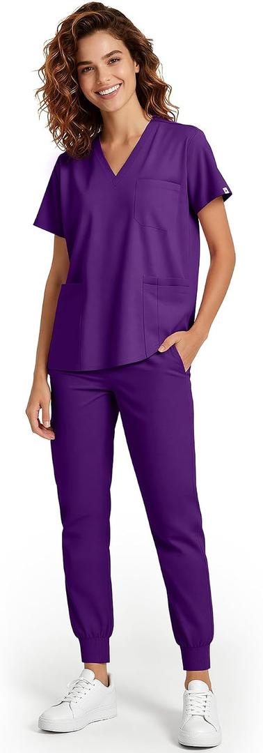 Meidiero Scrubs for Women Set - Stretch V-Neck Scrub Top & Jogger Pants with 8 Pockets, Soft Breathable Medical Nurse Uniform - Eggplant XL
