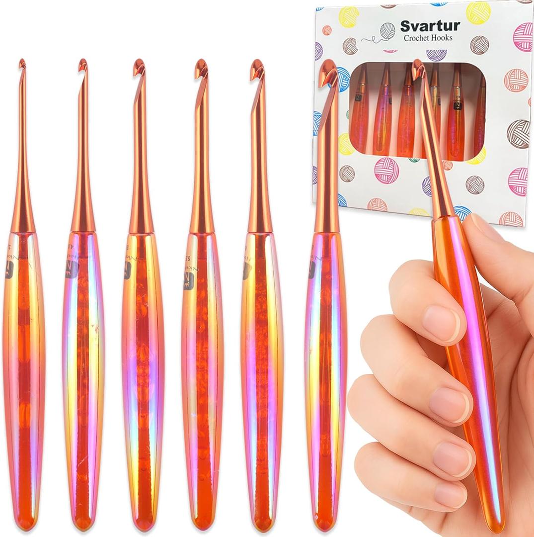 Svartur Ergonomic Crochet Hooks Set, 6 Sizes (3mm8mm), Resin Comfort Grip Handles with Aluminum Hook Tips, Smooth Lightweight Crochet Needles for Beginners & Advanced Crafters