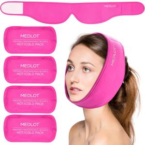LotFancy Face Ice Pack Wrap with 4 Reusable Hot Cold Therapy Gel Packs, Pain Relief for TMJ, Wisdom Teeth, TMD, Oral and Facial Surgery, Dental Implants, Pink (one Size Fits Most)