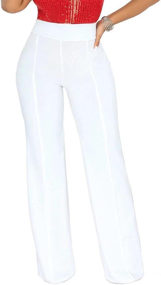 Women Stretchy Straight Leg Dress Pants Comfy Solid Classic High Waisted Wide Leg Long Bootcut Pant Slacks Work Office (X-Large, White)