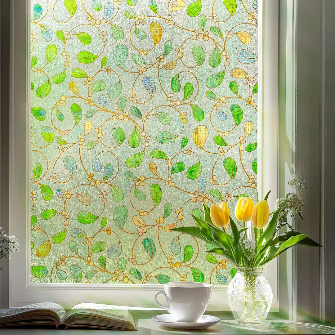 OHTMERU 3D Stained Glass Window Privacy Film, Heat Control UV Blocking Static Cling Decorative Window Film for Bathroom, Front Door, Home Non Adhesive 23.6 x 35.4 inches Gossamer Greensward, Pack Of 3