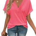 Women Tops Short Sleeve V Neck Tees Fashion T Shirts Loose Fit Comfy Soft Casual Summer Blouses 2026, Watermelon Red, M