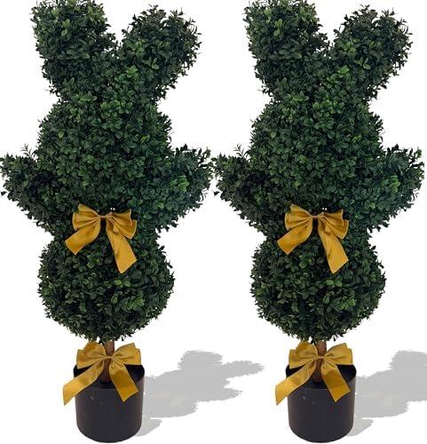 BLONYUVC Easter Bunny Topiary 36'' Artificial Bunny-Shaped Topiary Double Ball Tree Pot Easter UV-Resistant Bowknot Faux Boxwood Topiaries Plant for Porch Decor Outdoor/Indoor 2 Pack