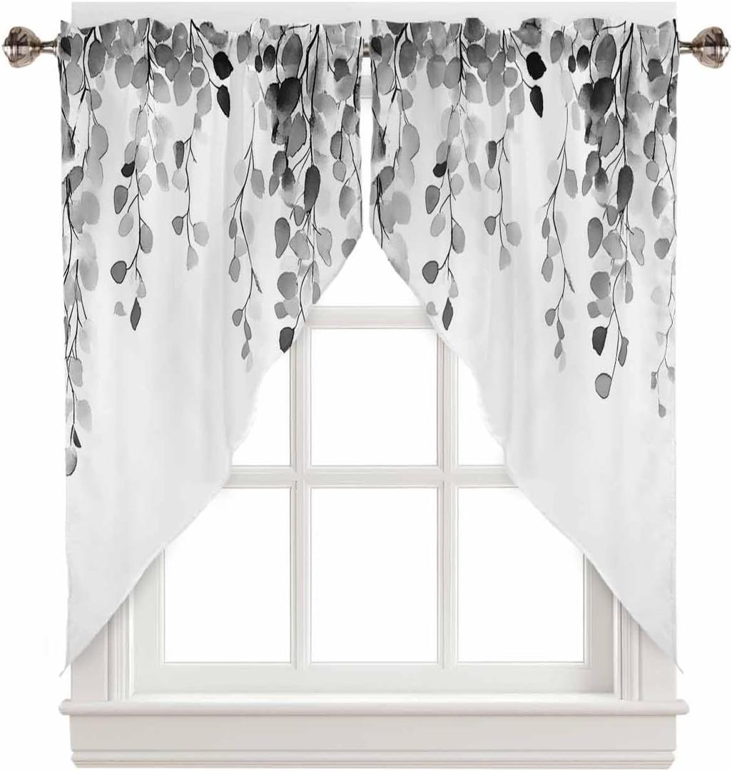 Grey Eucalyptus Leaves Swag Valances for Windows, 28x36 Inch Length, 2 Panels Set, Light-Filtering, Scalloped, Modern, Contemporary Style, Pinch Pleat Top, Unisex, Indoor Use