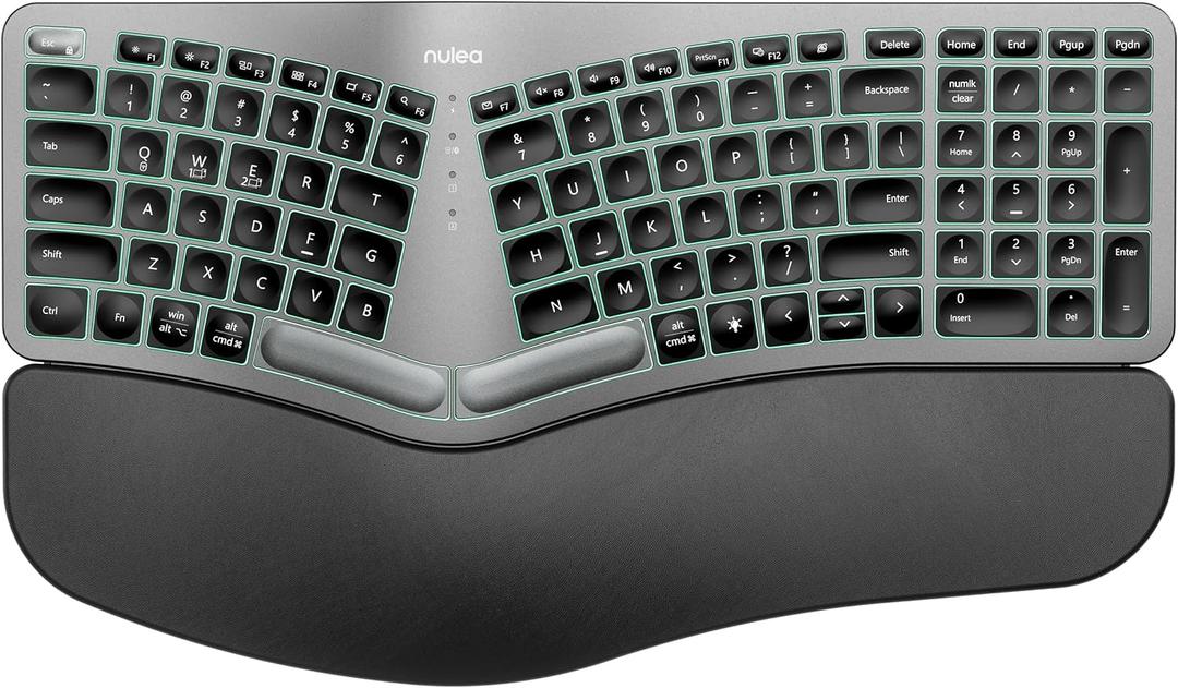 Nulea RT05 Wireless Ergonomic Keyboard, Split Keyboard with Wrist Rest, USB-C Charging, 7-Color Backlight, Natural Typing, Bluetooth and USB Connectivity, Compatible with Windows,Mac (Sliver)