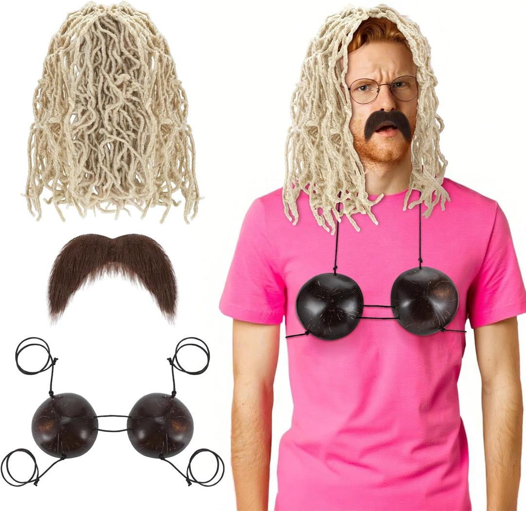 3 Pcs Funny Halloween Costume Accessories Set Includes 1 Mop Head Wig 1 Coconut Bikini Top Bra 1 Fake Mustache Halloween Themed Party Cosplay for Adult Men Women Drama Performance