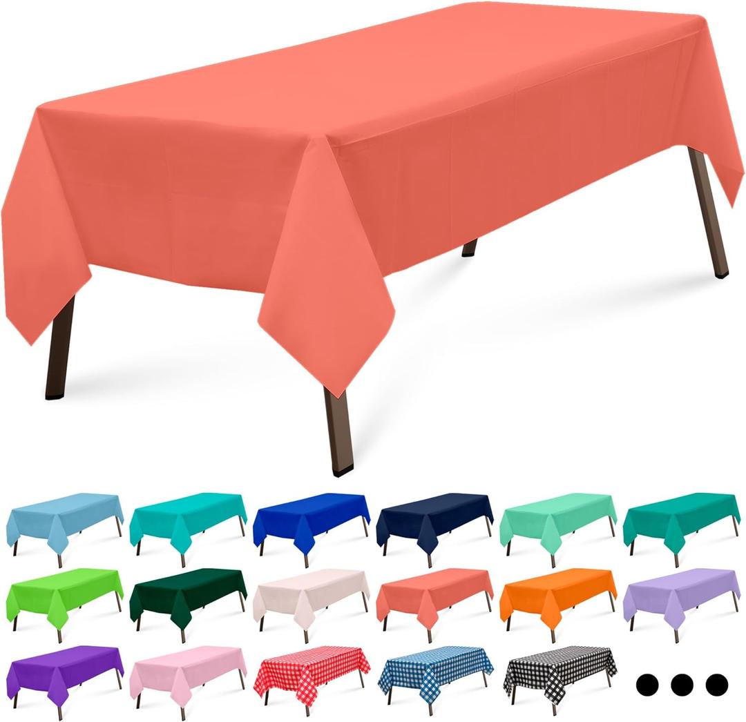 Coral 3 Pack Rectangle Plastic Tablecloth 54 x 108 Inches Premium Light Pastel Red Decorative Table Cover for Baby Shower, Birthday, Wedding, Indoor and Outdoor Use