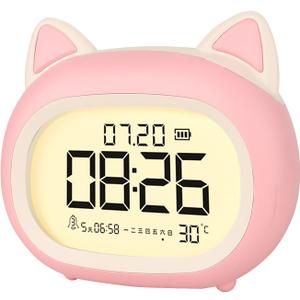 Digital Alarm Clock for Girls, Alarm Clock with Night Light for Bedroom, Cat Clock with Sleep Training, OK-to-Wake, Routine Builder, 5 Alarm Settings with Snooze, Date & Day, Temperature (Pink)