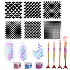 Mermaid Scale Stencil Set 9 Pieces Reusable Mermaid Face Makeup Stencils Fish Scale Templates, 3 Bottles Glitter and 4 Pcs Eye Makeup Brushes - Women Girl Cute Make Up DIY Tool Set