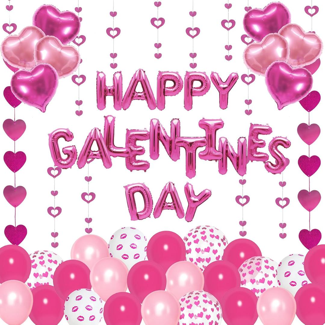 Amandir 105 Pcs Galentines Day Decorations, 16'' Happy Galentines Balloons Banner Hot Pink Foil Heart Balloons Hanging Heart Garlands for Ladies Bachelorette Galentine's Valentines Day Party Decor
