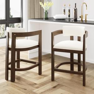 Christopher Knight Home Set of 2 Ryland Modern 26" Counter Height Bar Stools, Fabric Upholstered Counter Stools,Wooden Kitchen Island Armchair with Footrest, Round Backrest, Soft Seating,Beige+Walnut