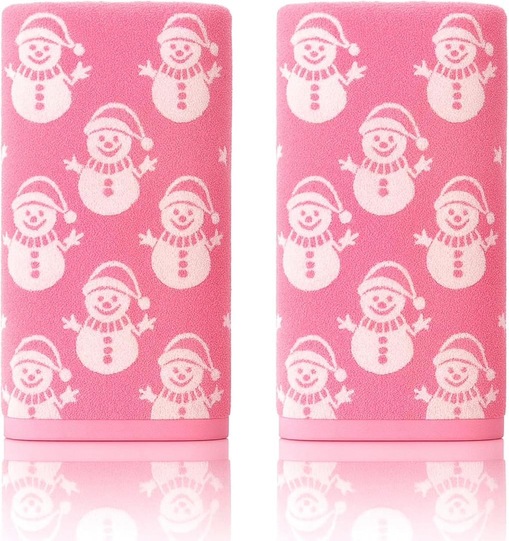 Peryiter 2 Pcs Christmas Snowmen Towels Pink Christmas Hand Towels for Bathroom Decorative 100% Cotton Highly Absorbent Soft Kitchen Dish Cloth for Xmas Winter Gift Bath Home Decor, 29 x 13 Inch
