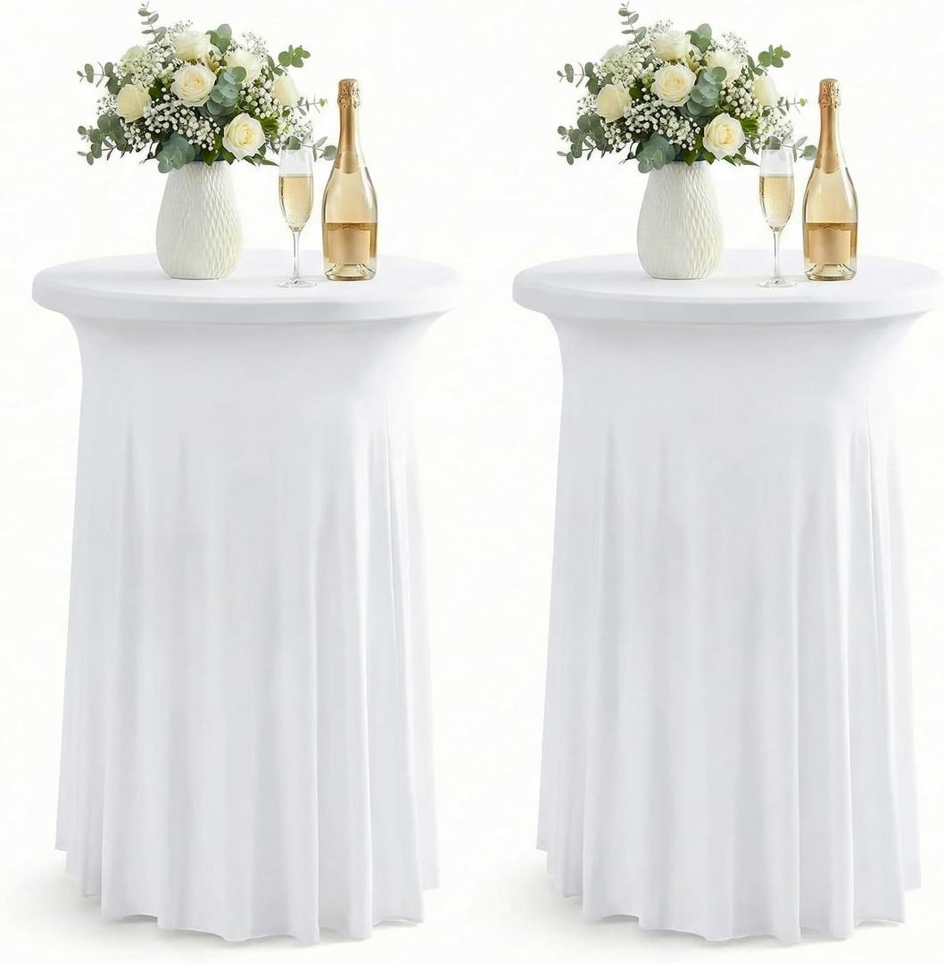 ArtSocket 2-Pack White Spandex Cocktail Table Covers, Stretch Fitted High Top Highboy Tablecloths with Ruffle Skirt, Wrinkle-Resistant, for Wedding Banquet Party Bar Tables (32" Dia x 43" H)