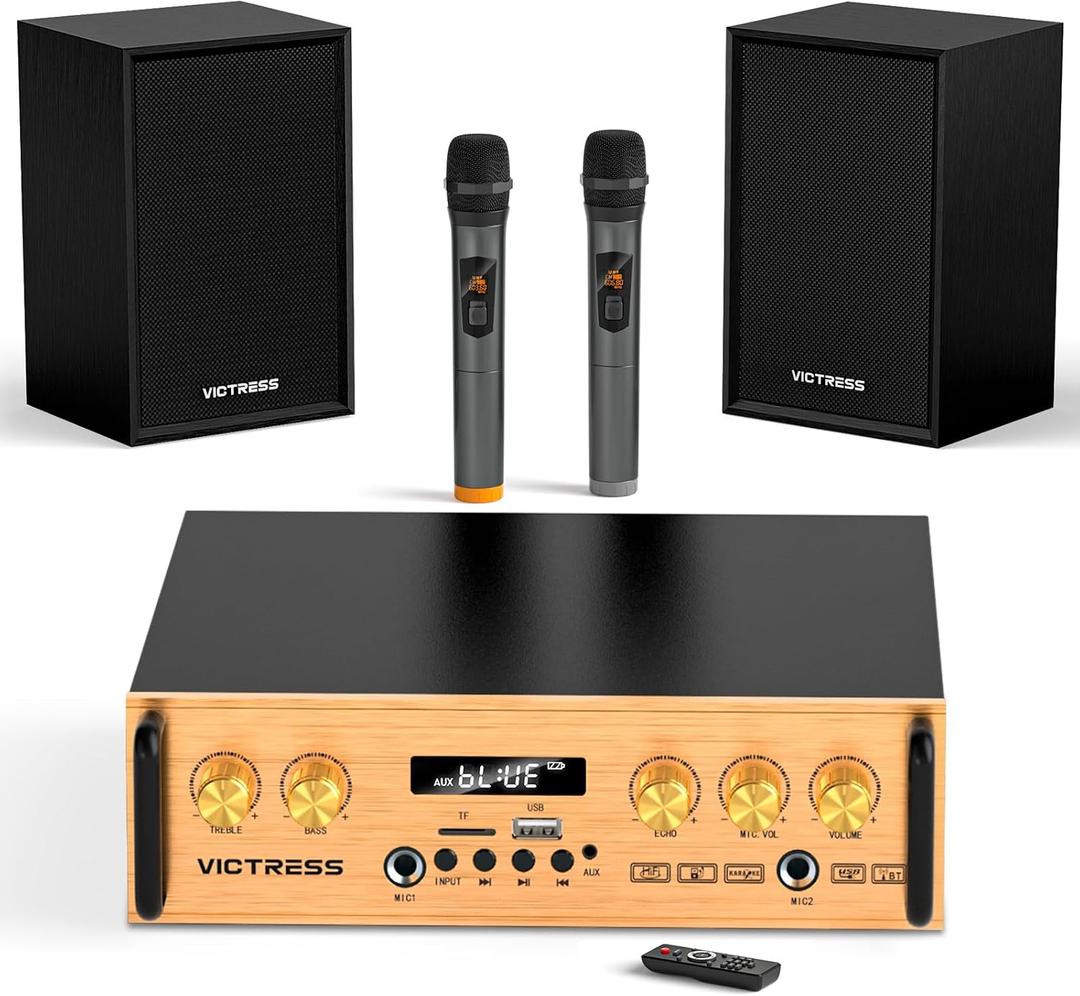 Bluetooth Audio Amplifier, UHF Wireless Microphone System with 2.1 Channel HiFi External Speaker with USB/TF/FM/TWS, Treble and Bass Adjustment for Party, Home KTV, Conference, Church