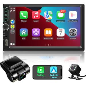 Double Din Car Stereo with Dash Cam,Compatible with Apple Carplay,Android Auto,7 inch Touch Screen Car Radio Receiver with Bluetooth, Mirror Link, Backup Camera, Navigation, FM, USB/TF/AUX