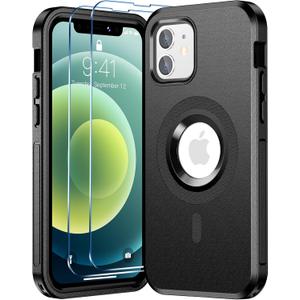 Magnetic for iPhone 12 Case,iPhone 12 Pro Case[Compatible with Magsafe][Military Drop Protection] [2 Pcs Glass Screen Protector] Shockproof Phone Case,Black