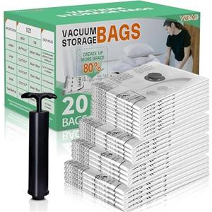 Vacuum Seal Bags for Clothing- Pack of 20 4 Sized Vacuum Storage Bags with Hand Pump, Space Saver Organisers for Travel Luggage Clothes Blankets Comforters (4 Jumbo, 4L4M8S)