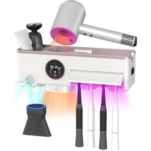 Toothbrush Cleaner and Holder for Bathrooms Wall Mounted with Fan Drying&30min Timing Function Cruise Air Drying,Electric Toothbrush Holder with 4Toothbrush Slots,Toothpaste Dispenser with Led Smart