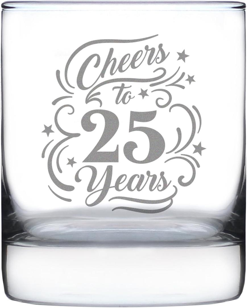 Bevvee Cheers to 25 Years - Whiskey Rocks Glass Gifts for Women & Men - 25th Anniversary Party Decor - 10.25 Oz Glasses