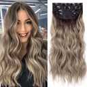 4PCS Clip in Hair Extensions 20 Inches Long Blonde Soft Wavy Clip in Synthetic Hair Extensions for Women (Ombre Chocolate Brown Mix Ash Blonde, R6/88#)