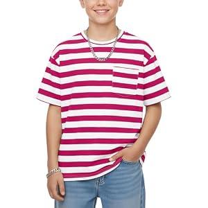 2 x LessonZoo Boys Oversized Striped T-Shirt with Chest Pocket Short Sleeve Crew Neck Casual Summer Tee for Boys 5-14(Pink,7-8 Years)