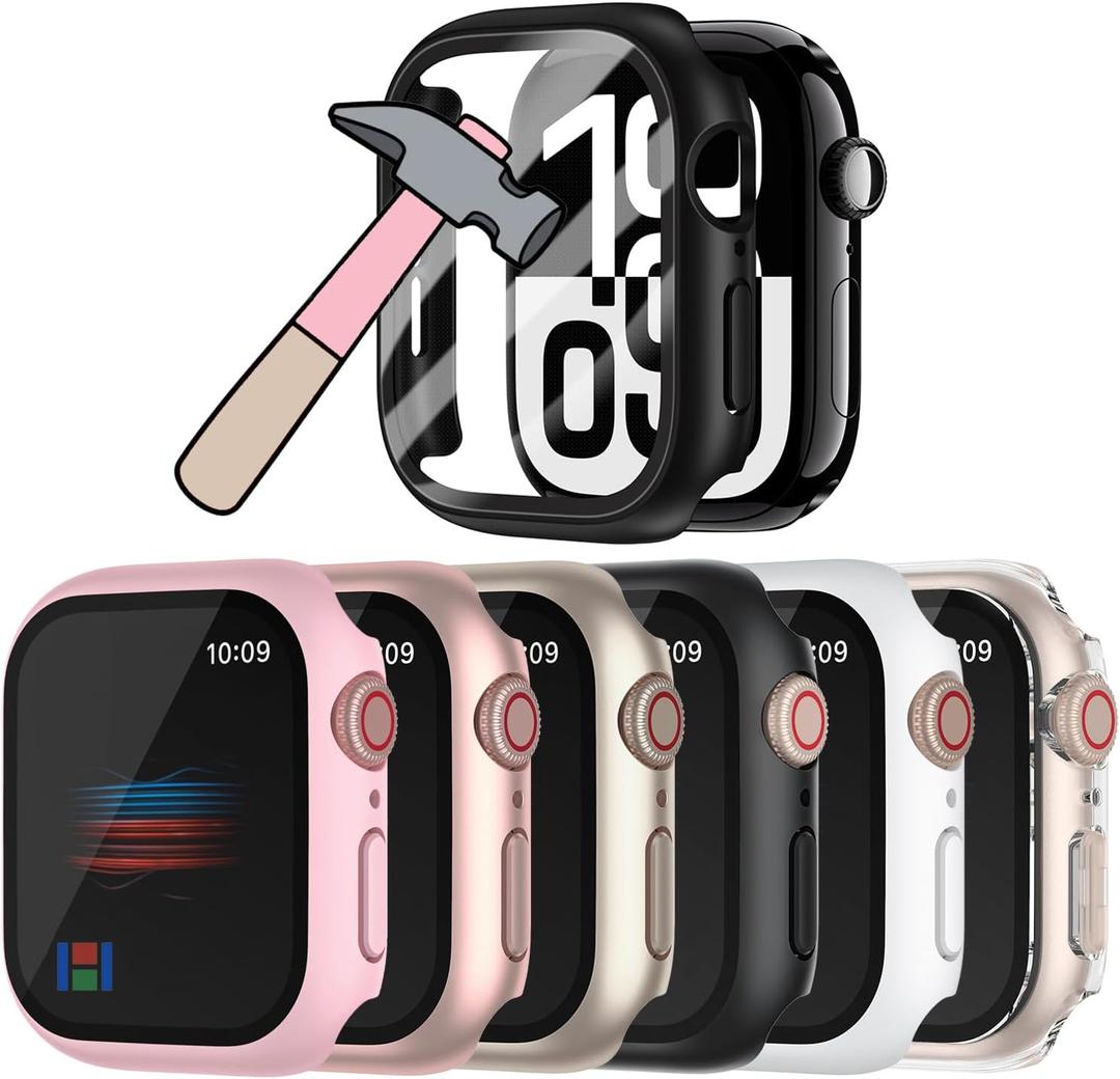 HANKN 6 Pack Hard PC Case for Apple Watch Series 11 10 46mm Tempered Glass Screen Protector Case, Full Protective Cover Iwatch Bumper Shockproof (Pink+Rose Gold+Starlight+Black+White+Clear, 46mm)