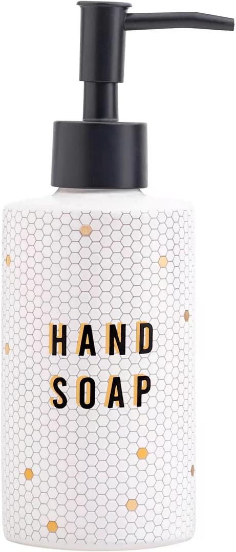 Sweet Water Decor Gold Tile Hand Soap Dispenser | Refill Hand Soap Dispenser | 8.5 oz Refillable White and Gold Honeycomb Design Tile Dispenser | Rustic, Modern, Farmhouse Gift