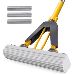 Masthome Sponge Mop,Roller Sponge Mop with 3 Absorbent PVA Mop Refills,Self Squeeze Sponge Mops and Stainless Steel Handle,PVA Sponge Mops for Floor Cleaning