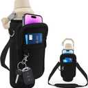 Water Bottle Holder with Phone Pocket for 24oz Stanley IceFlow Fast Flow with Handle Bottle Carrier Bag with Drawstring, Carrying Strap, Non Slip Shoulder strap for Stanley Cup (Black)