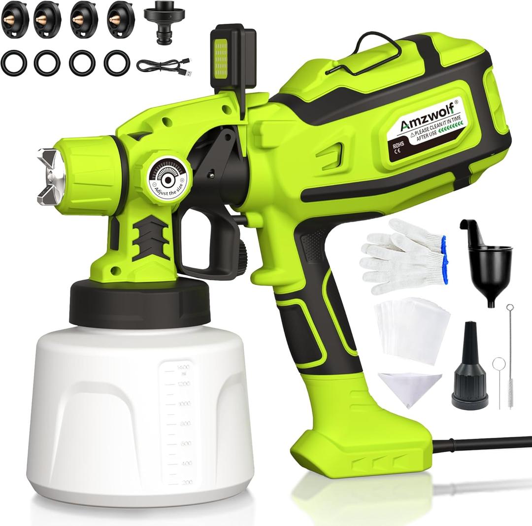 Paint Sprayer, AMZWOLF 1250W HVLP Spray Paint Gun with 5 Nozzles & 3 Spray Patterns, Adjustable Flow Control, 1400ml Container & Cleaning Tools, for House Painting, Fences, Cabinets, Walls etc