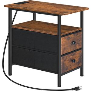 HOOBRO End Table with Charging Station, Narrow Side Table, Nightstand with 2 Non-Woven Drawers, Slim Sofa Side Table, for Small Spaces, Living Room, Bedroom, Rustic Brown and Black BF486UBZ01