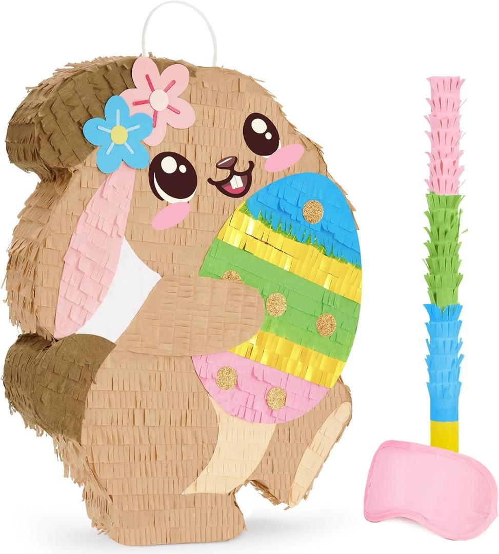 WERNNSAI Easter Bunny Piata - Easter Piata with Blindfold and Stick Spring Easter Piata for Kids Easter Party Decoration Supplies for Birthday Decoration School Spring Party Game