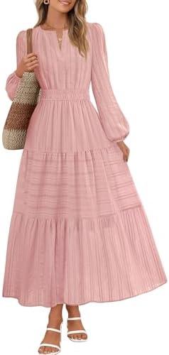 MEROKEETY Winter Midi Dresses for Women 2026 Spring Long Sleeve Casual V Neck Tiered Cotton Maxi Dress Pockets, Size XL