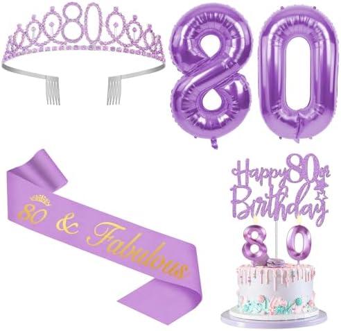 80th Birthday Decorations for Women Purple with 80th Birthday Sash and Crown, Cake Topper and Candles, Number Balloons, 80 Year Old Gifts for Women