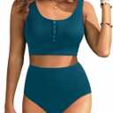 Aqua Eve Women High Waisted Bikini Set Racerback Swimsuit Two Piece Bathing Suit High Neck Swimwear Button-Teal L