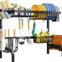 SAYZH Over The Sink Dish Drying Rack, Adjustable (25.5 to 33.5 inch) 2 Tier Metal Steel Dish Drying Racks for Kitchen Counter with Hooks Paper Towel Utensil Cup Holder Sink Caddy (Black)