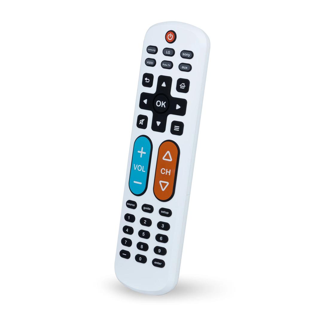 UltraPro BigEZ OneTouch Big Button Universal TV Remote for Seniors, Easy to Use, Replacement Remote for Samsung, LG, Sony, Vizio, Roku TV, Streaming Players, Backlit Buttons, 2 Device, White, 85053