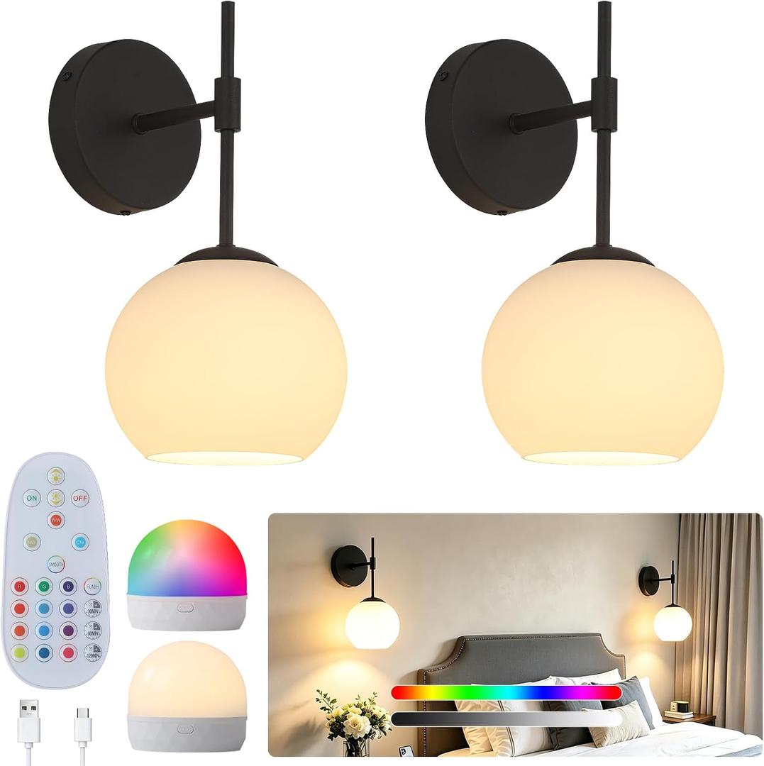 Battery Operated Wall Sconces Set of Two, Rechargeable, Black, 2 Pack