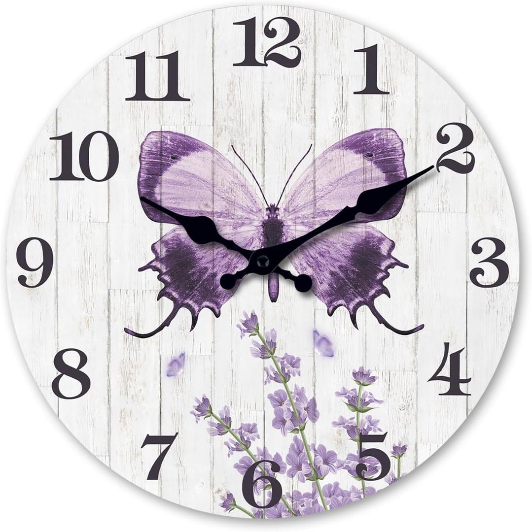 XFM Farmhouse Butterfly Wall Clock Purple Lavender Wooden Clocks 10 Inch Silent Non-Ticking Battery Operated Decorative Round Clock for Women Bedroom Living Room Kitchen