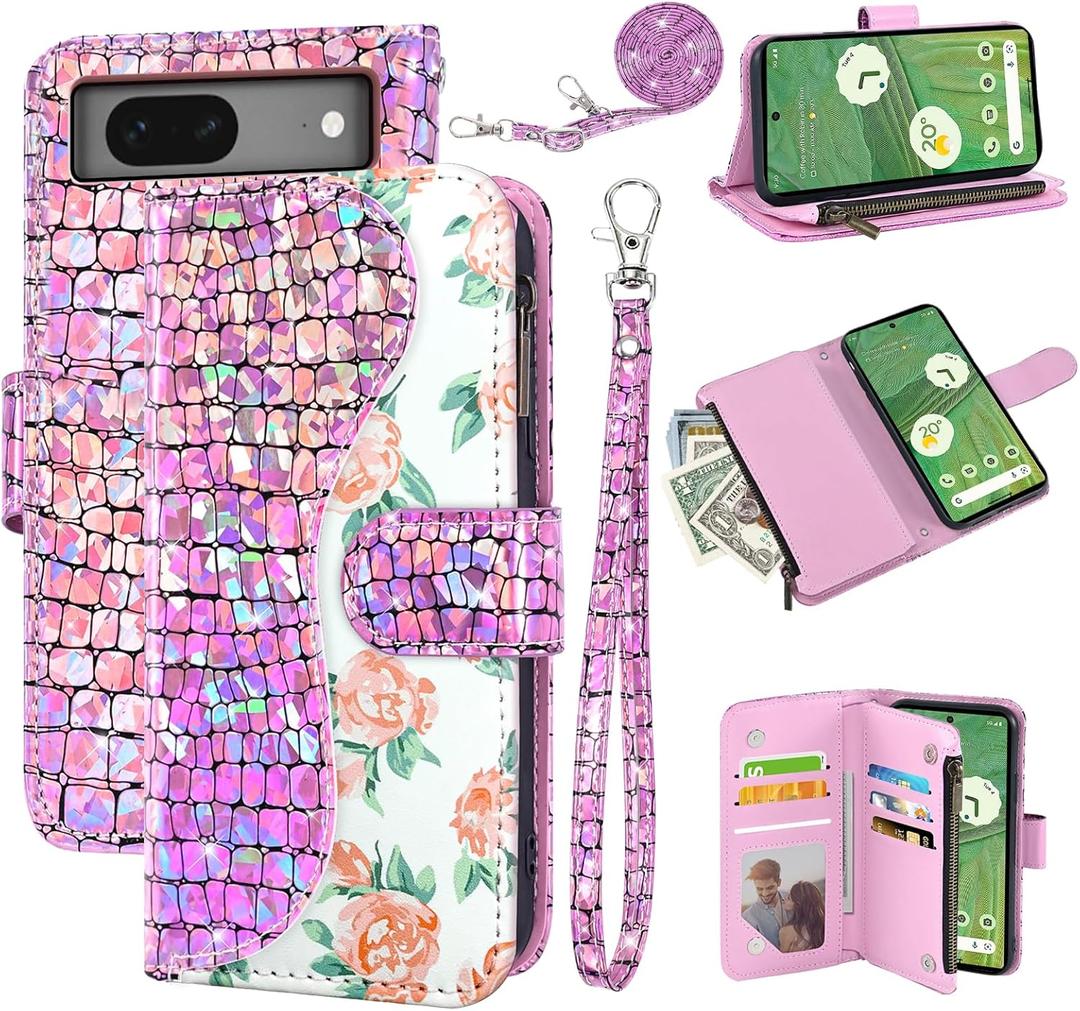 Floral Wallet Case for Google Pixel 7 5G with Wrist Strap Shoulder Strap Flip Zipper Purse Card Holder, Luxury PU Leather Stand Sparkly Glitter Phone Cover for Pixel7 Pixle Seven 6.3 Pink