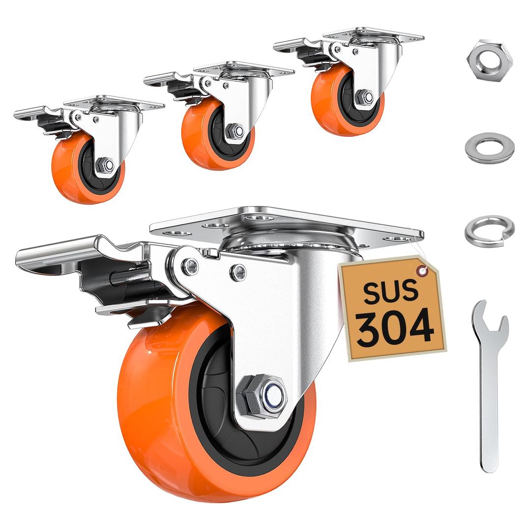 HOLKIE Stainless Steel 3 Inch Wheels for Furniture,Anti-Rust 304 Casters Set of 4 Heavy Duty Holding 1200 LBS, Dual Locking Industrial Casters Wheels for Workbench Labs,Hospitals,Factory,Home