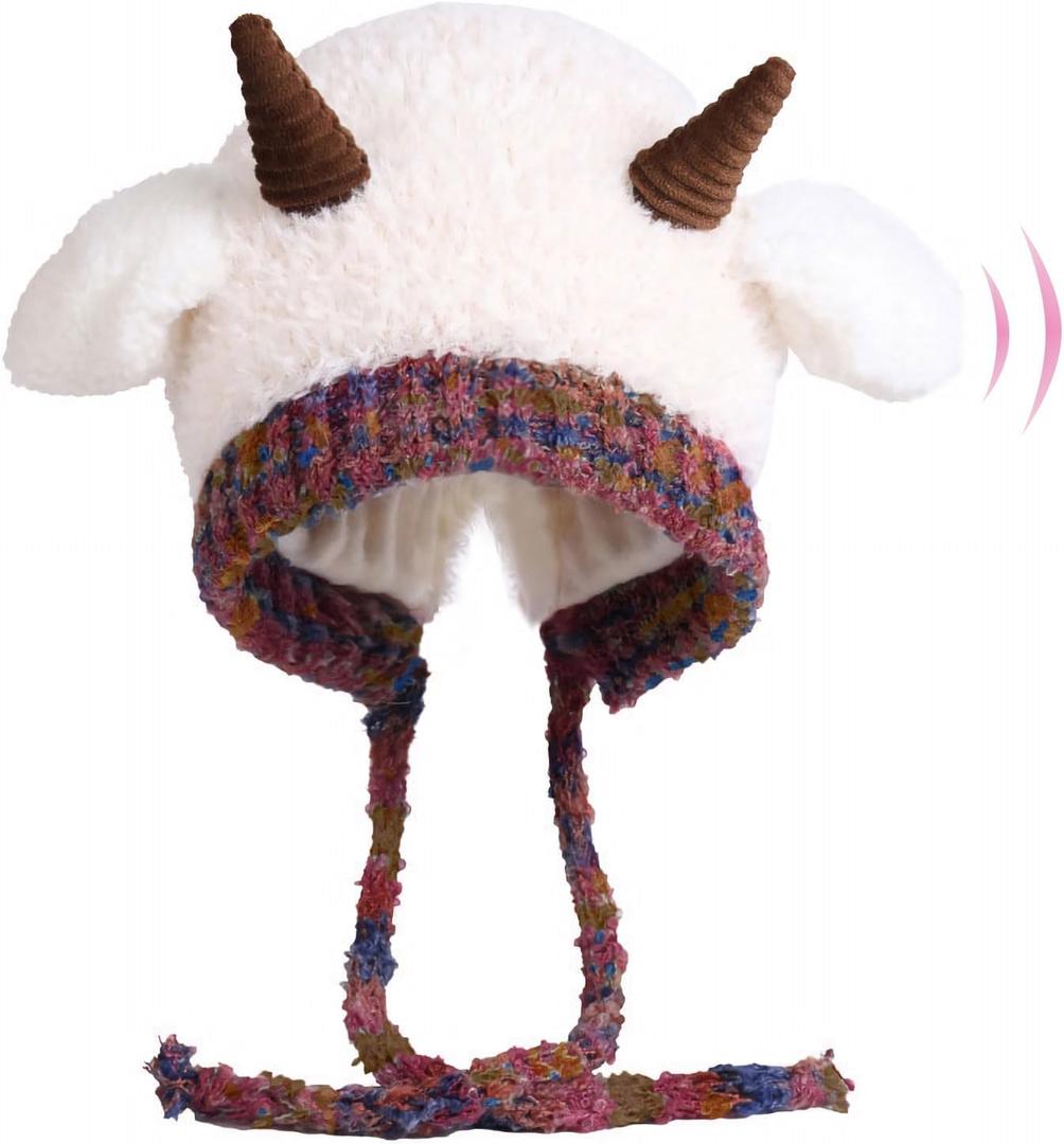 Animal Hat Cute Sheep Cap for Girls, Soft Lamb Beanie with Ear Flaps, Winter Headwear Cosplay Props Party Supplies (One Size, White)