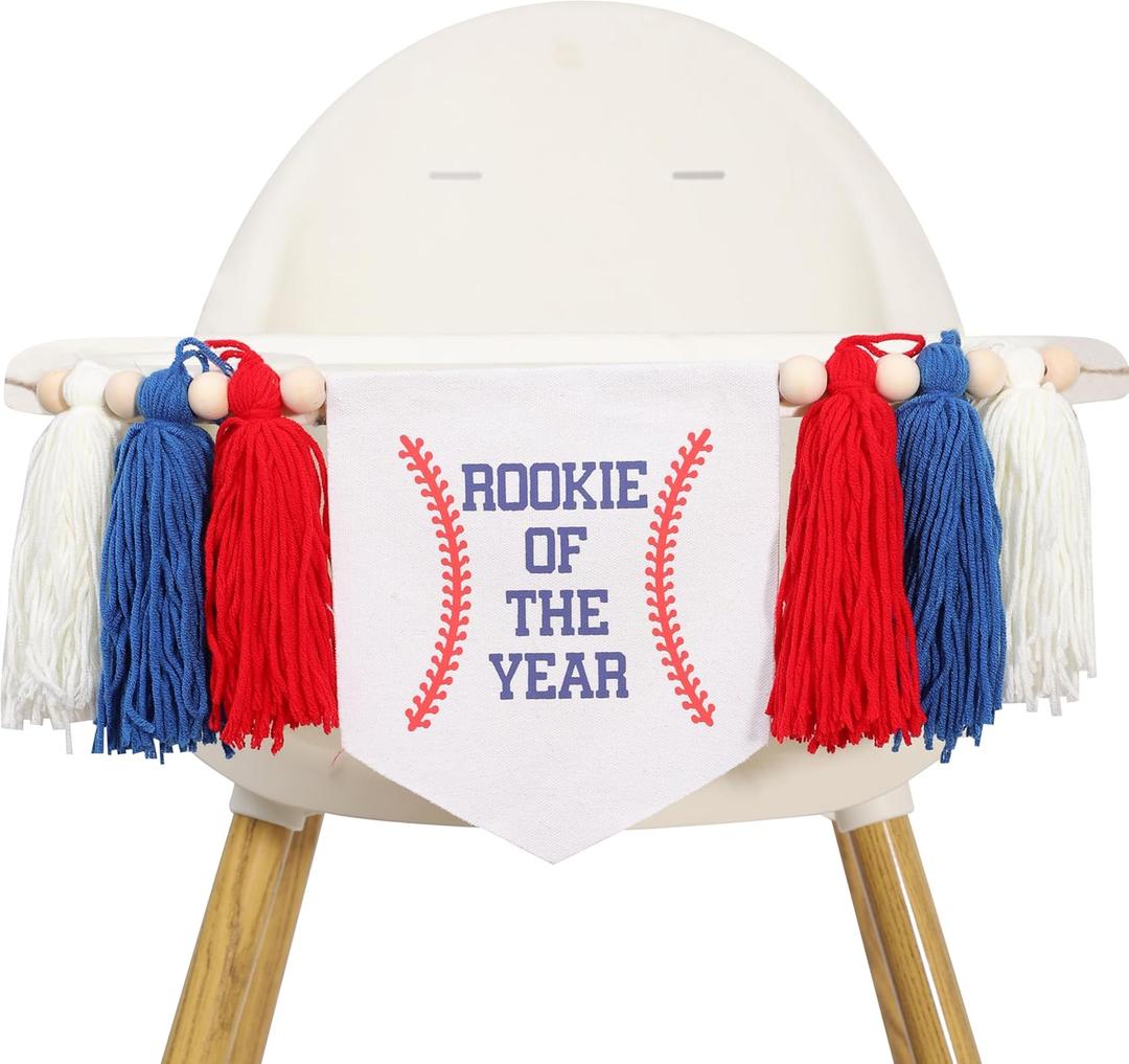 Rookie of the Year 1st Birthday High Chair Banner - Baseball Theme First Party Decoration, One Highchair Tassel Banner, Boy Photo Prop, Blue