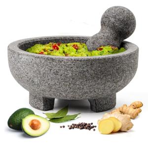Luvan Large Mortar and Pestle Set, 4 Cups Unpolished Granite Natural Stone Grinder Bowl for Molcajete Guacamole Bowl Crushing/Mexicano Guacamole, Spices Grinder, Herb Crusher, Salsa Pesto-8IN/Gray