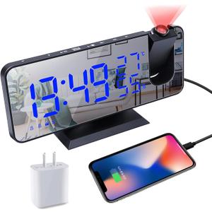 Projection Digital Alarm Clock for Bedrooms,Alarm Clock Radio on Ceiling, USB Charger Port, Temperature & Humidity Display, 7.3 Large Mirror LED Display,12/24H,Snooze,Dual Loud Clock- 4 Dimmer (Black-blue)