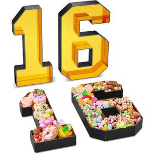 Paready 13.78'' Fillable Cardboard Number 16 for Charcuterie, Gold Black Number 16 Tray, Food Fillable Numbers 16 Box Flower Candy Cupcakes Container for 16th Anniversary Birthday Party Decoration