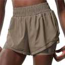 Womens Shorts Women Summer Running Shorts Solid Color 2 in 1 Gym Yoga Short Breathable Quick Dry Short Sportswear Female Workout Clothes(Brown,XL)