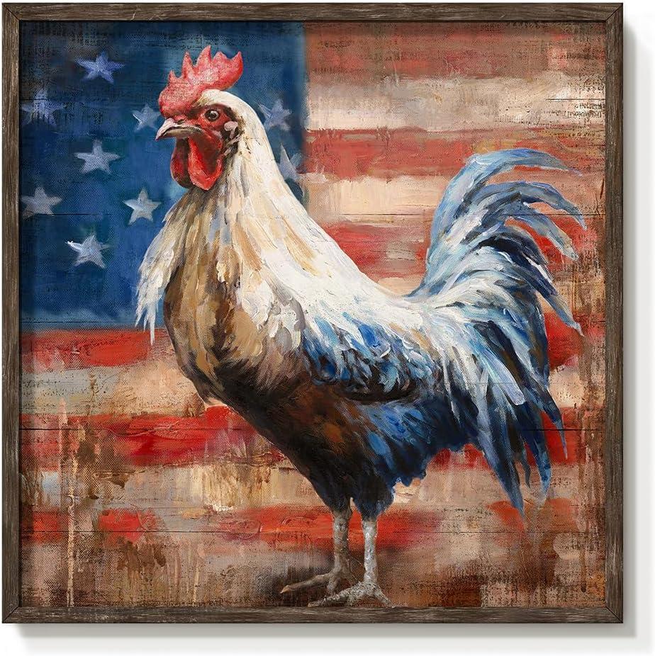 Rustic Rooster Wall Art, Farm Cock Chicken Picture for Kitchen Room,20x20