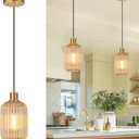 2 Pack Amber Cylinder Pendant Lights Kitchen Island with Ribbed Lampshade, Brushed Gold Hanging Light Fixture, Adjustable Pendant Lighting for Kitchen Island Sink Dining Room (Bulbs Not Included)