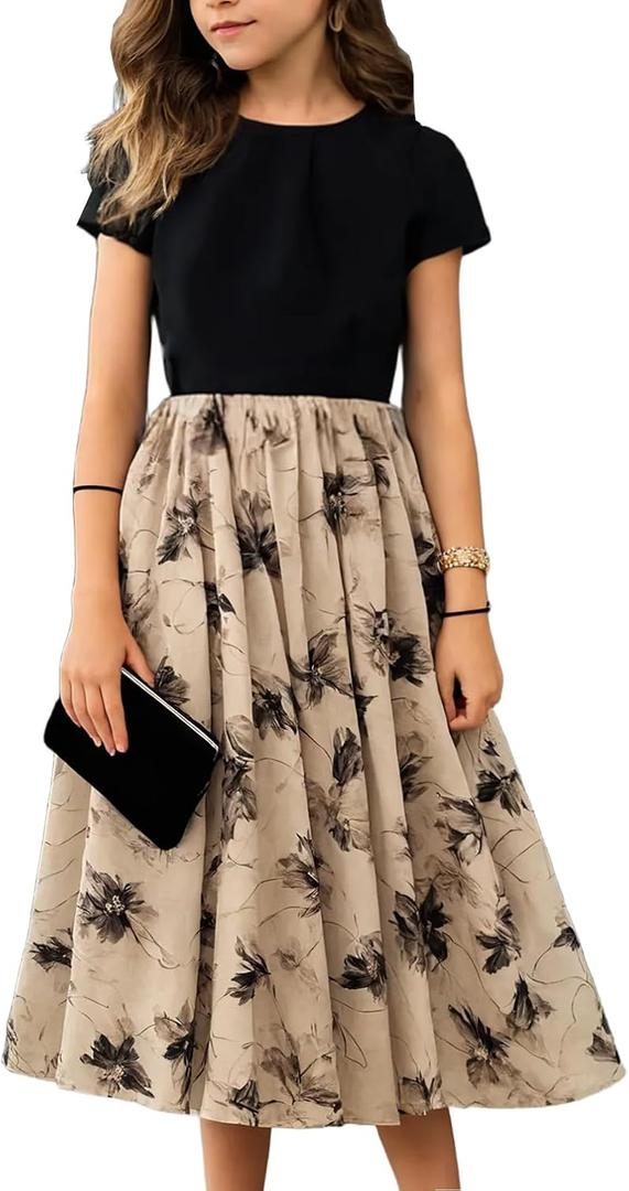 Seechoslo New 8-14Years Girls Elegant Dress Short Sleeve A-Line Floral Midi Party Special Occasion (US, Age, 12 Years, Black)